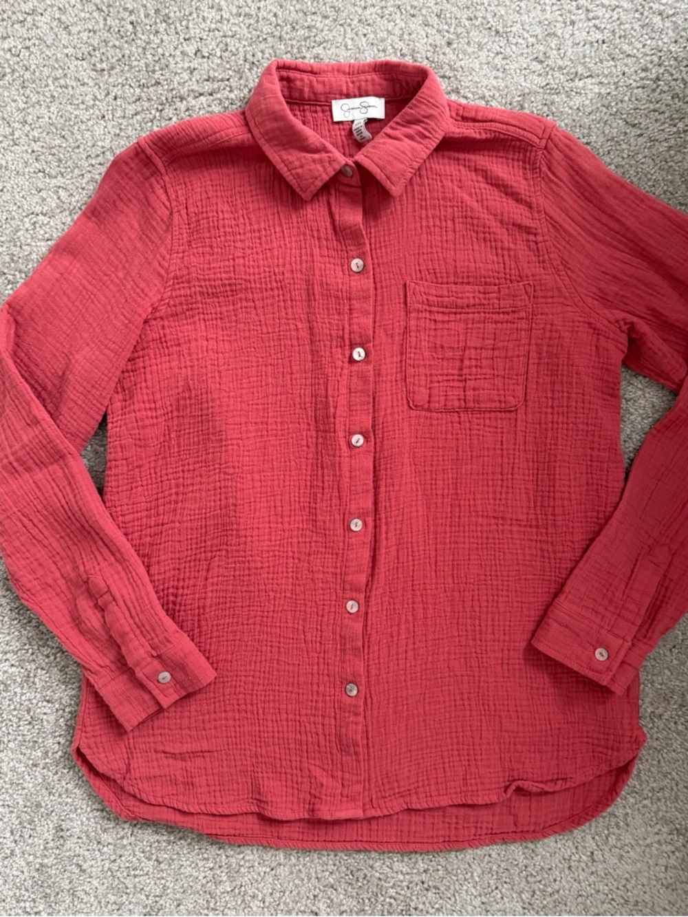 Jessica Simpson Coral Pink Crinkled Button-Up Top